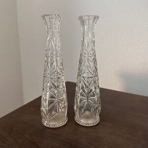 Set of 2 Vintage Anchor Hocking Clear Cut Glass 9" Starburst Bud Vase